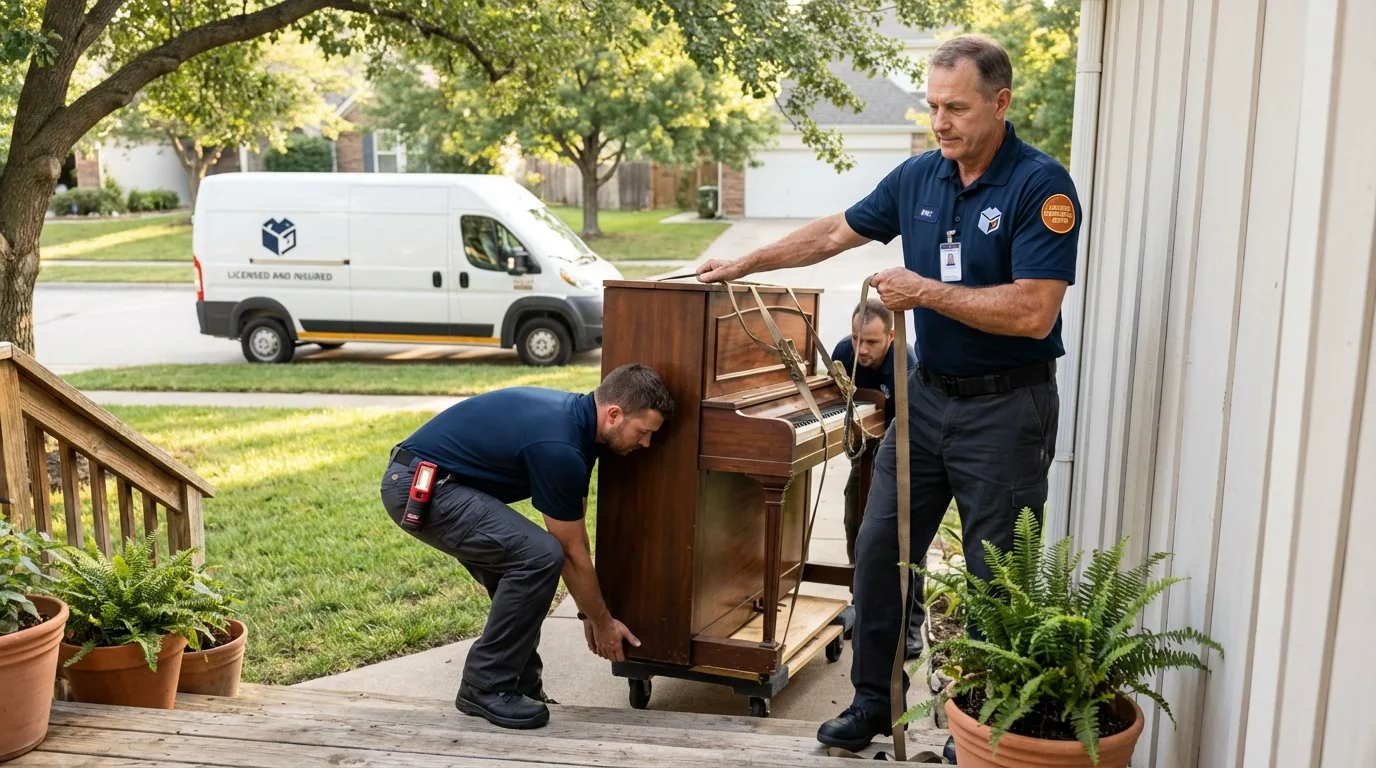 Licensed piano movers securing grand piano in Terrebonne, OR