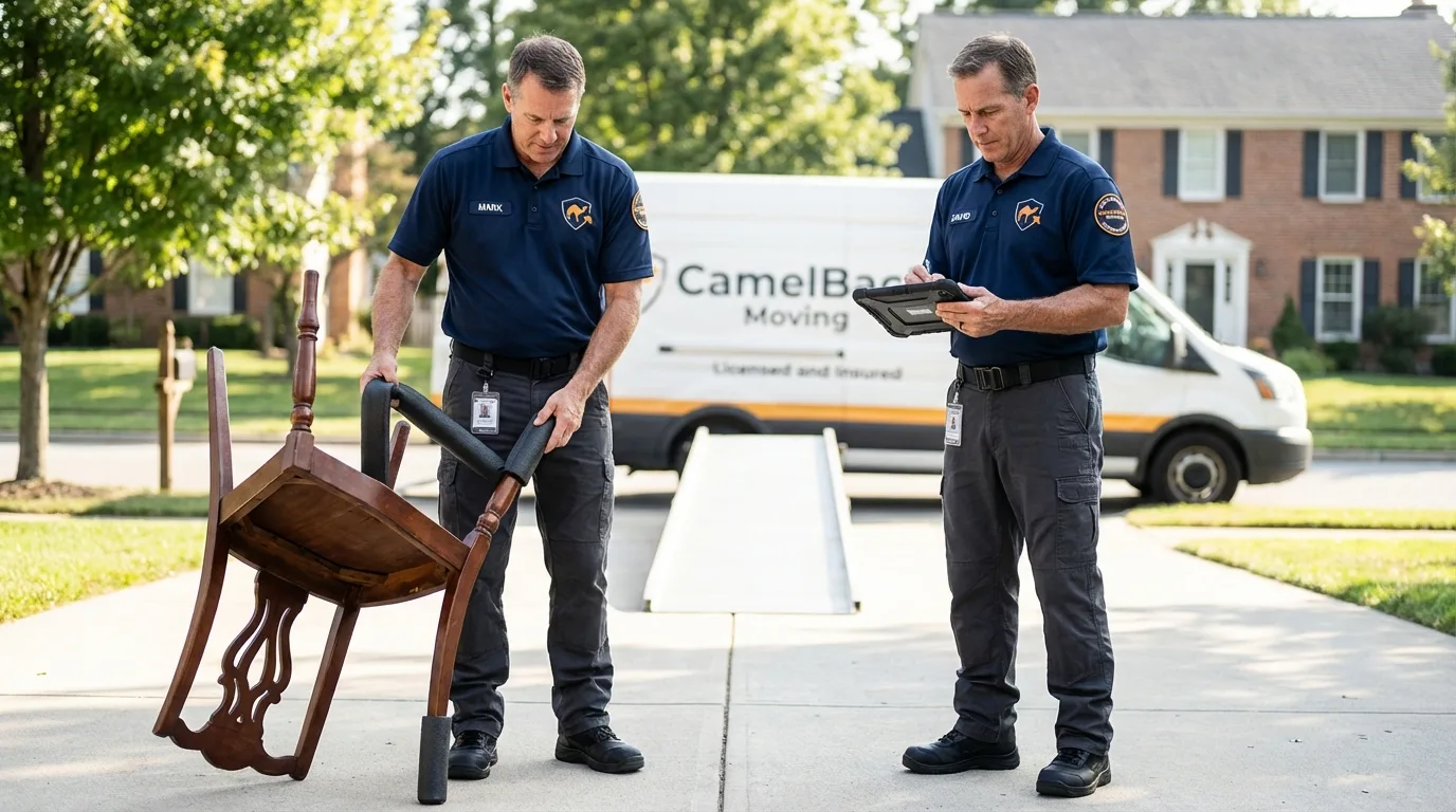 Movers inspecting furniture for damage prevention before loading in Terrebonne, OR