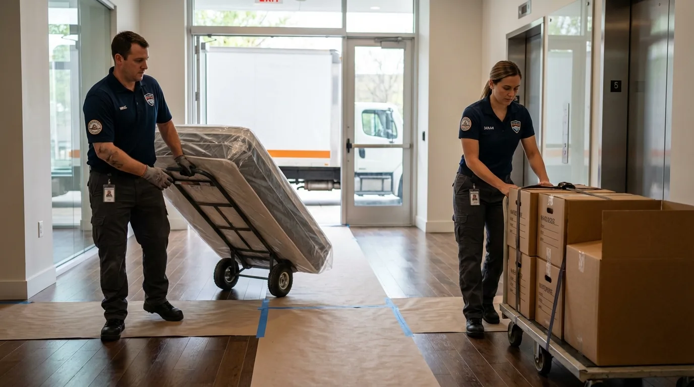 Professional apartment movers loading elevator in Terrebonne, OR