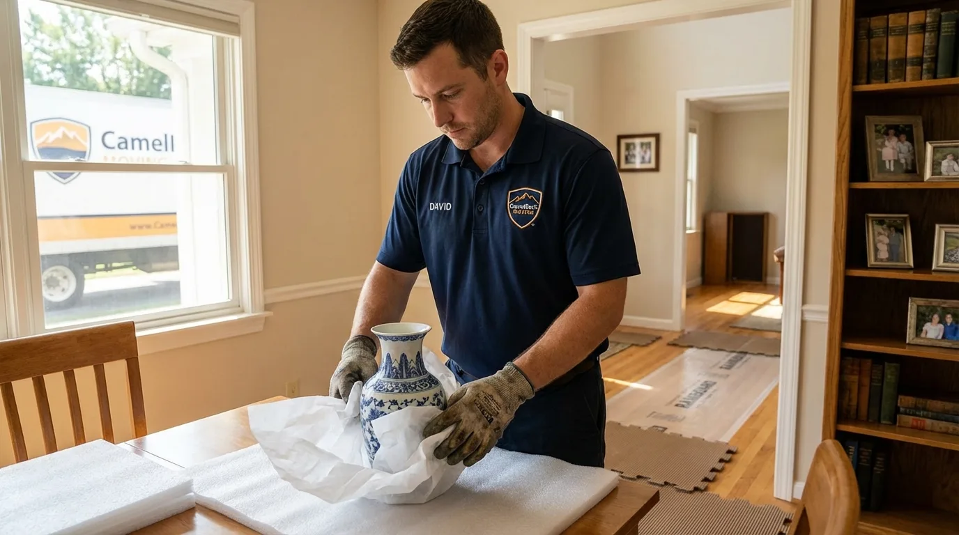 Professional crew carefully wrapping antique vase for senior downsizing move in Terrebonne, OR